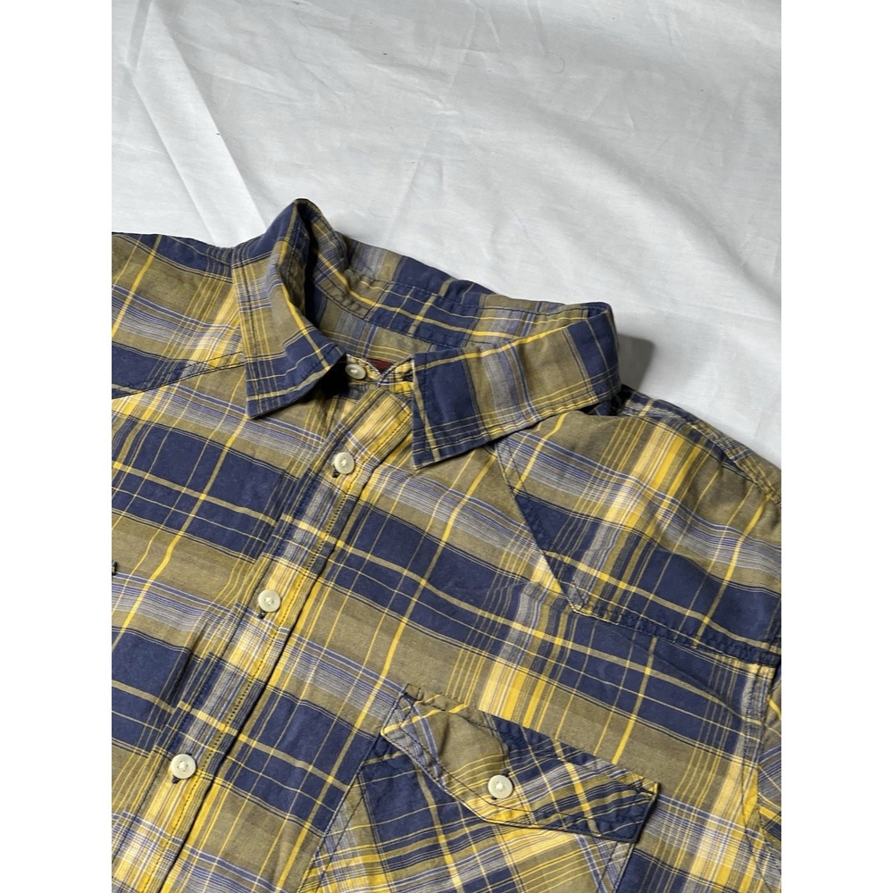 Foundry Shirt Mens 2XLT Button Up Teal Yellow Plaid Short Sleeve‎ Pockets